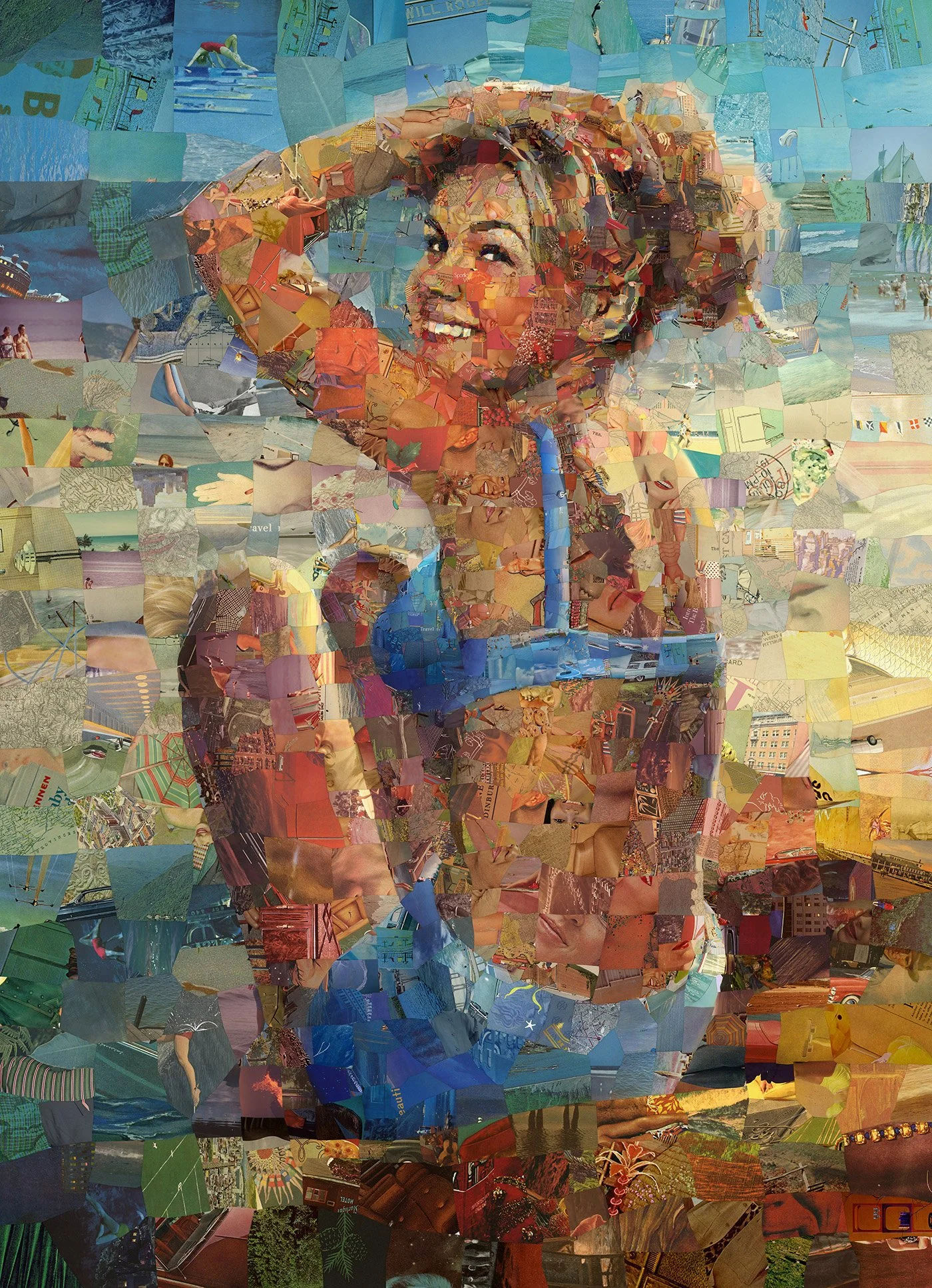 A girl on a beach, mosaic art made of fragments of tropical vacations and retro summer ads