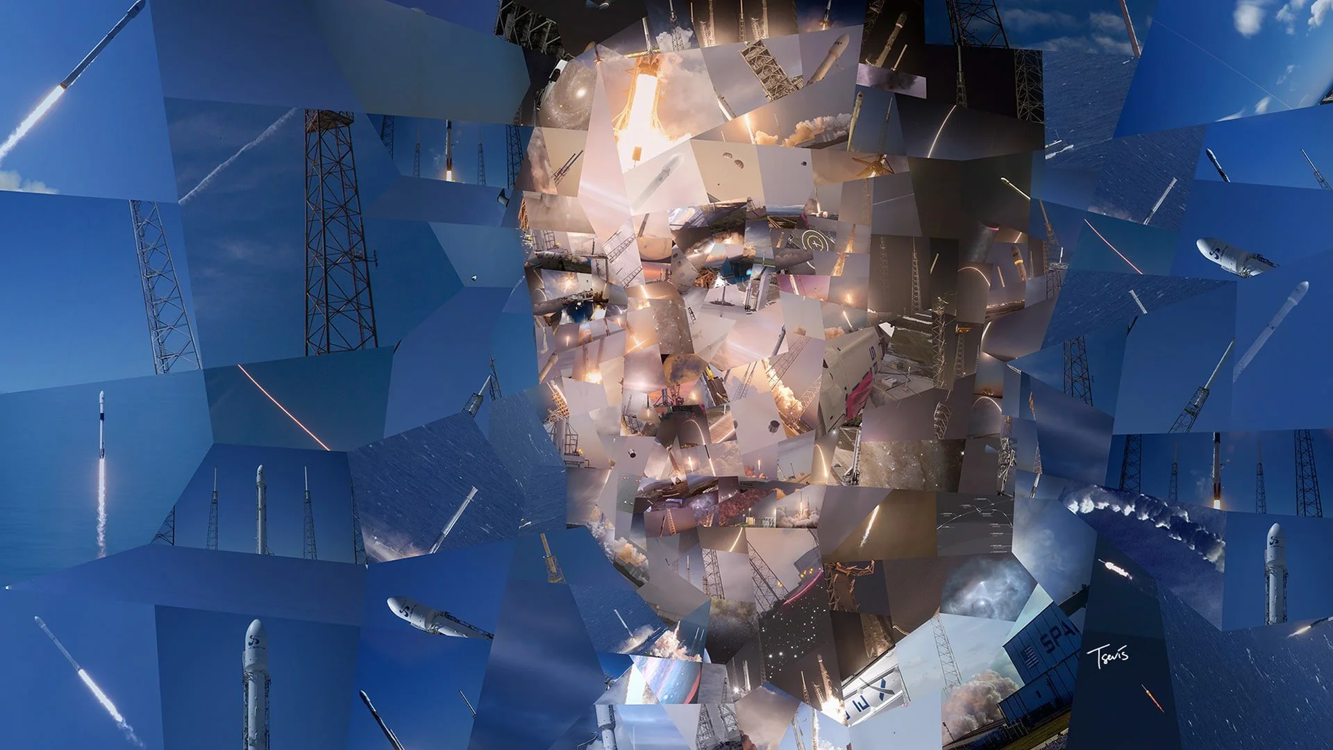 Elon Musk mosaic portrait, brilliant mind portrayal. SpaceX photos forming his face