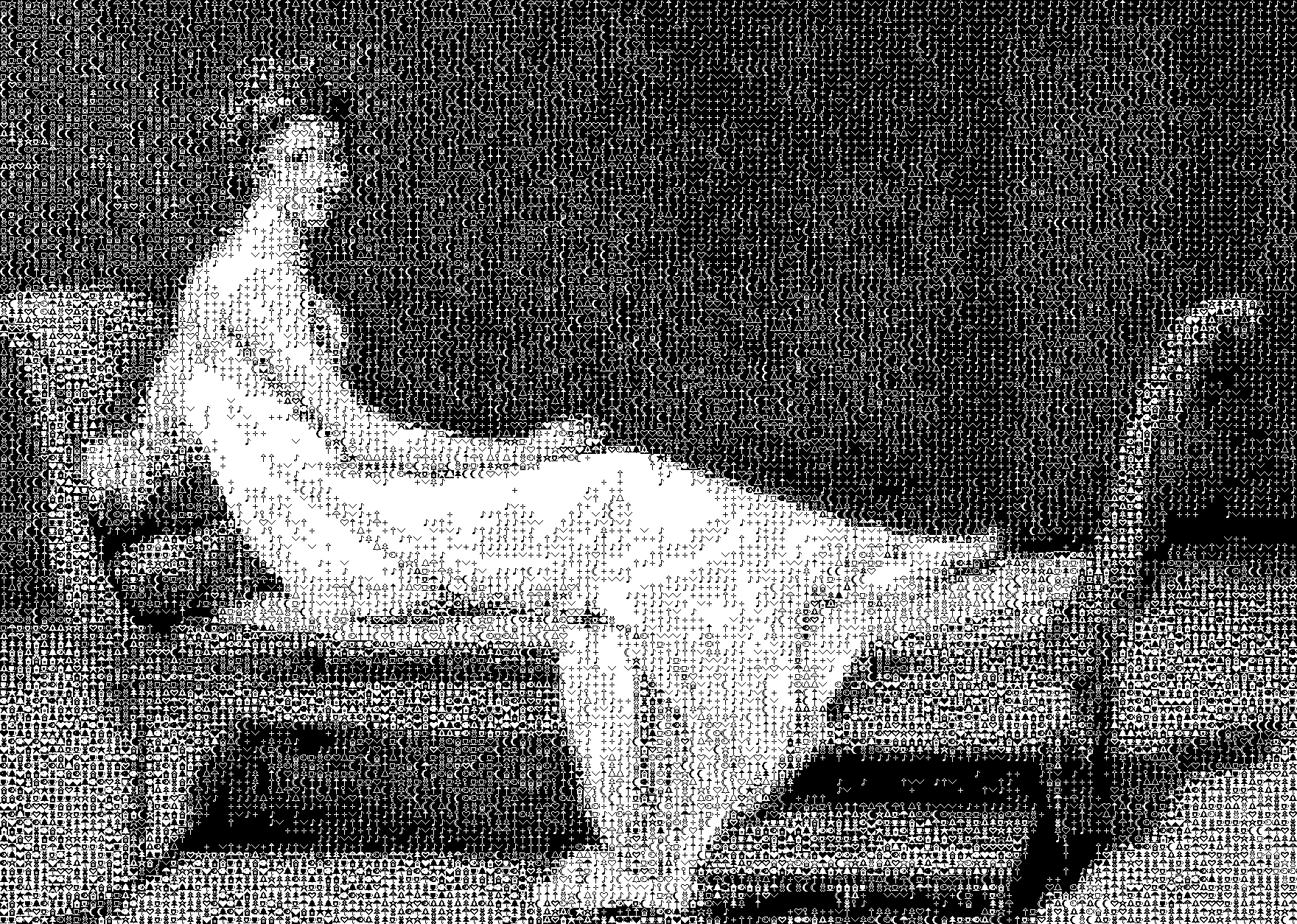A reclining woman in a white dress on a daybed, rendered entirely in tiny black-and-white pictograms