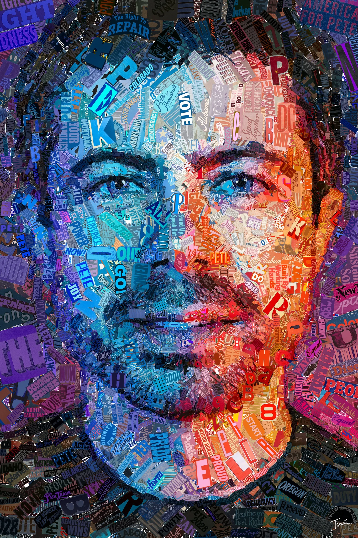 Typographic mosaic portrait of Pete Buttigieg facing the viewer, one side of his face in blues and the other in reds, built from thousands of cut-paper words.