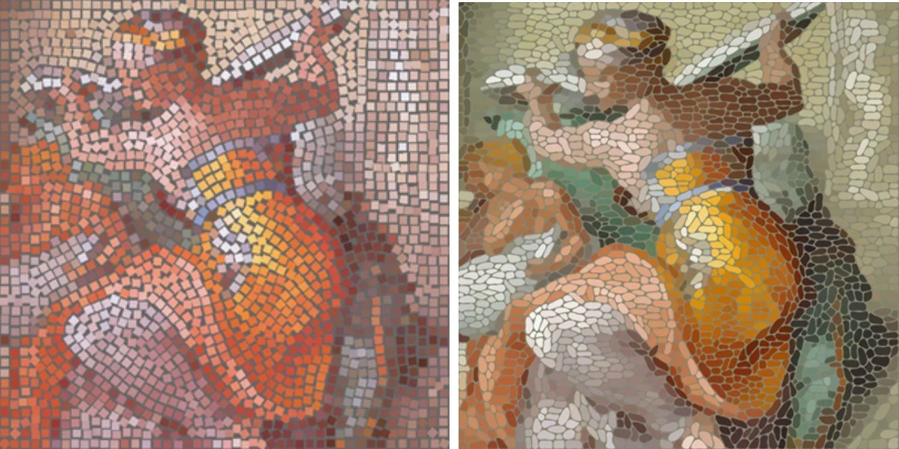 Two versions of a painted figure, one in small square tiles, one in rounded pebble shapes