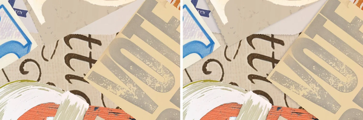 The same cut-paper pieces at 400 percent, without shadows on the left and with the layered drop shadows on the right.