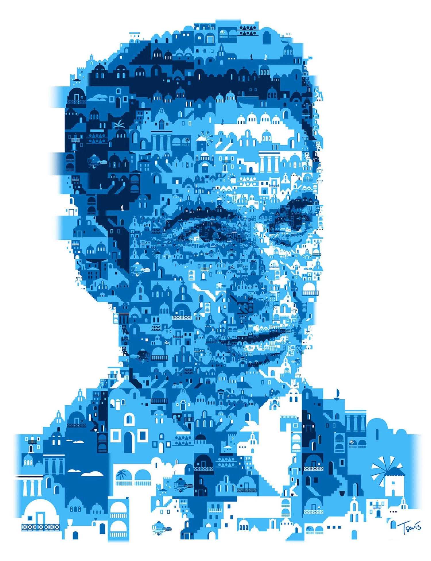 Mosaic portrait of Greek Prime Minister Kyriakos Mitsotakis, made from Greek architectural icons and landmarks, using a grid-based structure with visual effects based on Gestalt figura-sfondo principles to create depth and perceptual ambiguity.