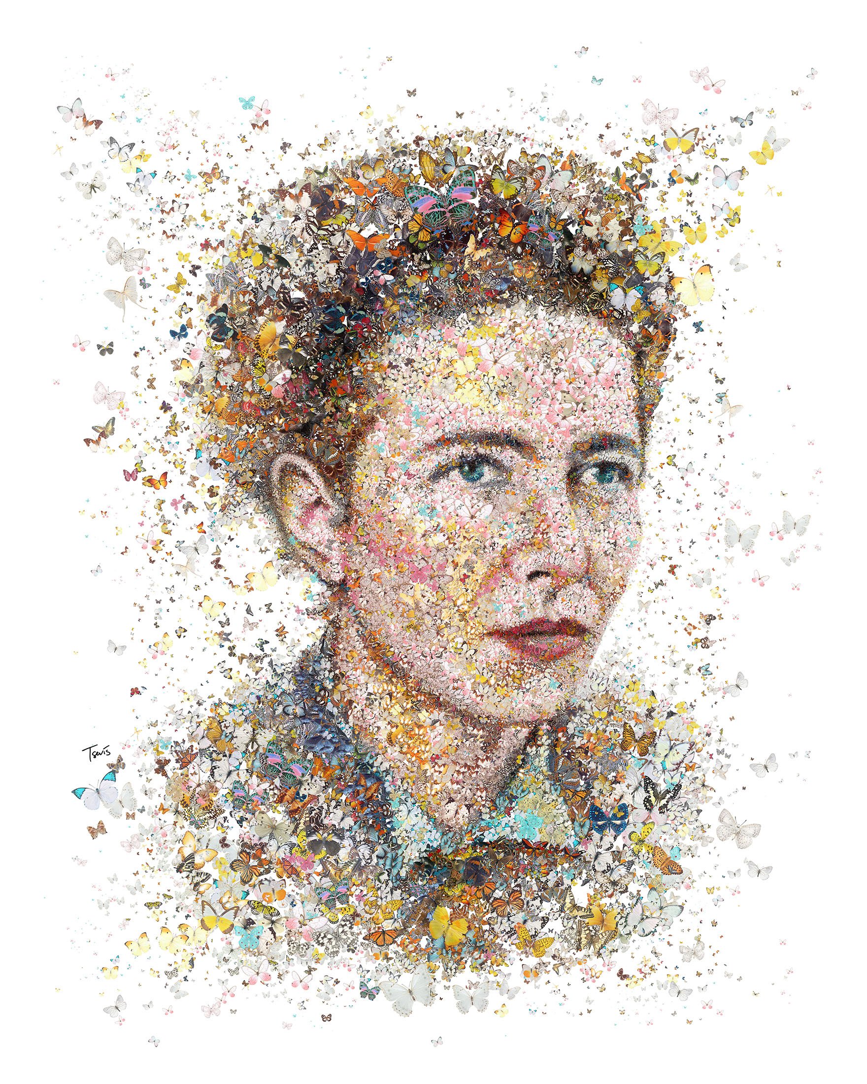 Simone De Beauvoir butterfly mosaic – thousands of wings forming the philosopher's portrait. Womankind launch issue.