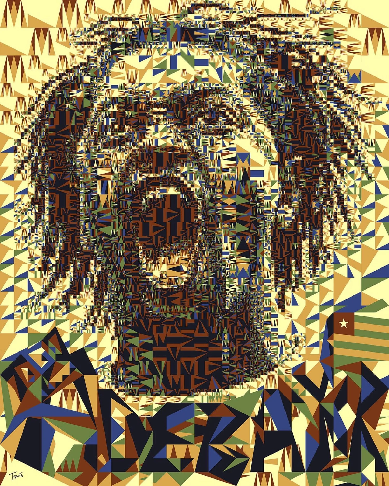 The image is a striking digital mosaic portrait of Emmanuel Adebayor, the Togolese footballer. The artwork is composed of intricate geometric shapes and patterns, drawing inspiration from traditional African visual vocabularies such as Kente and Adinkra designs. The mosaic uses a rich palette of earthy tones—browns, greens, yellows, and blues—to create a dynamic and culturally resonant representation. The background incorporates symbolic elements, including the Togolese flag in the top right corner, emphasizing national pride and cultural identity. The overall composition blends modern artistic techniques with traditional African aesthetics, celebrating both the individual and the broader cultural heritage.