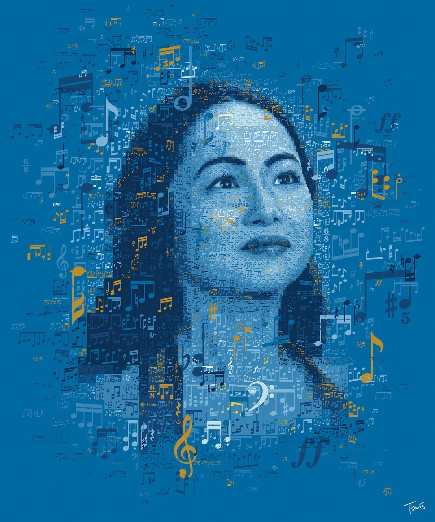 Digital Mosaic composition with musical scores forming the portrait of Tammy Russell.