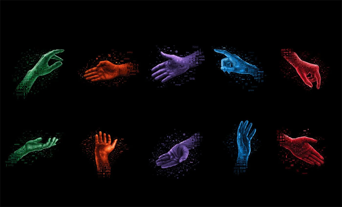 MGMA hand gesture mosaic – fingers forming symbol from medical icons and association letters.