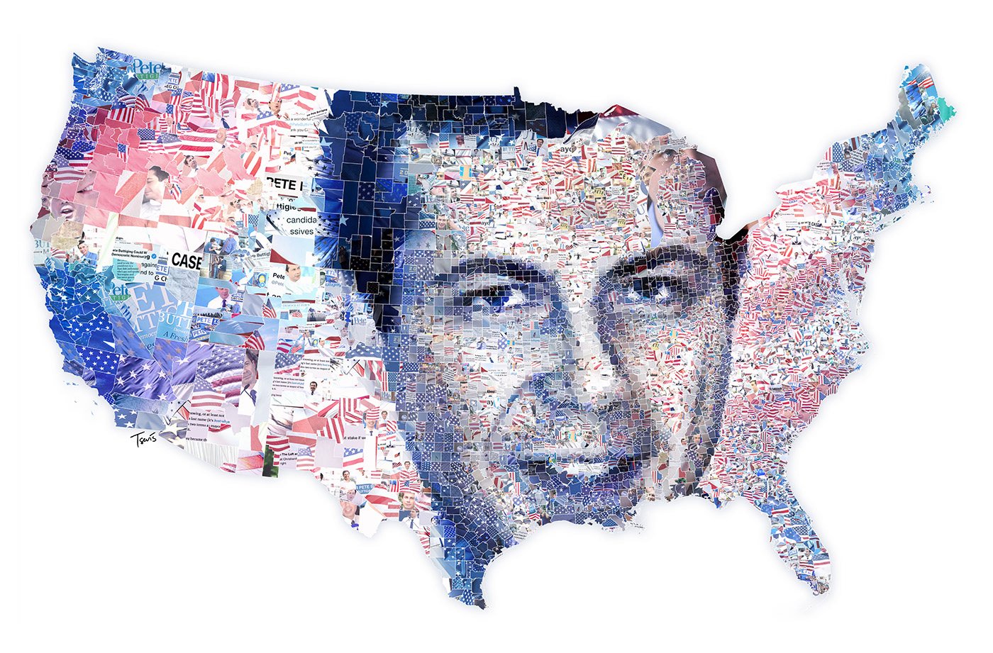 A mosaic portrait of Mayor and presidential candidate Pete Buttigieg based on the actual map of the USA.