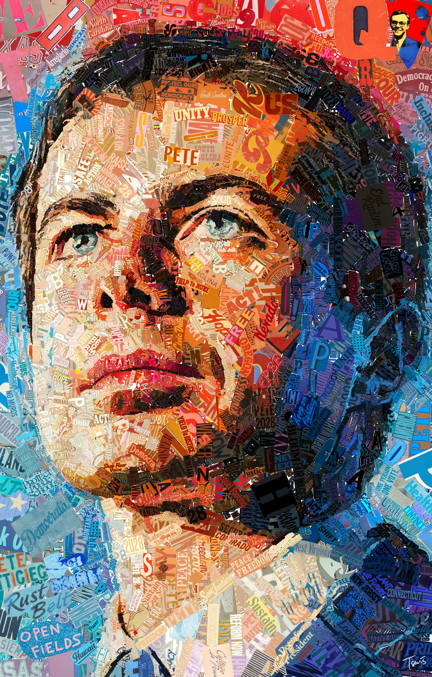 Typographic mosaic portrait of Pete Buttigieg seen from slightly below, calm and resolute, with red and orange letters above a field of blue.
