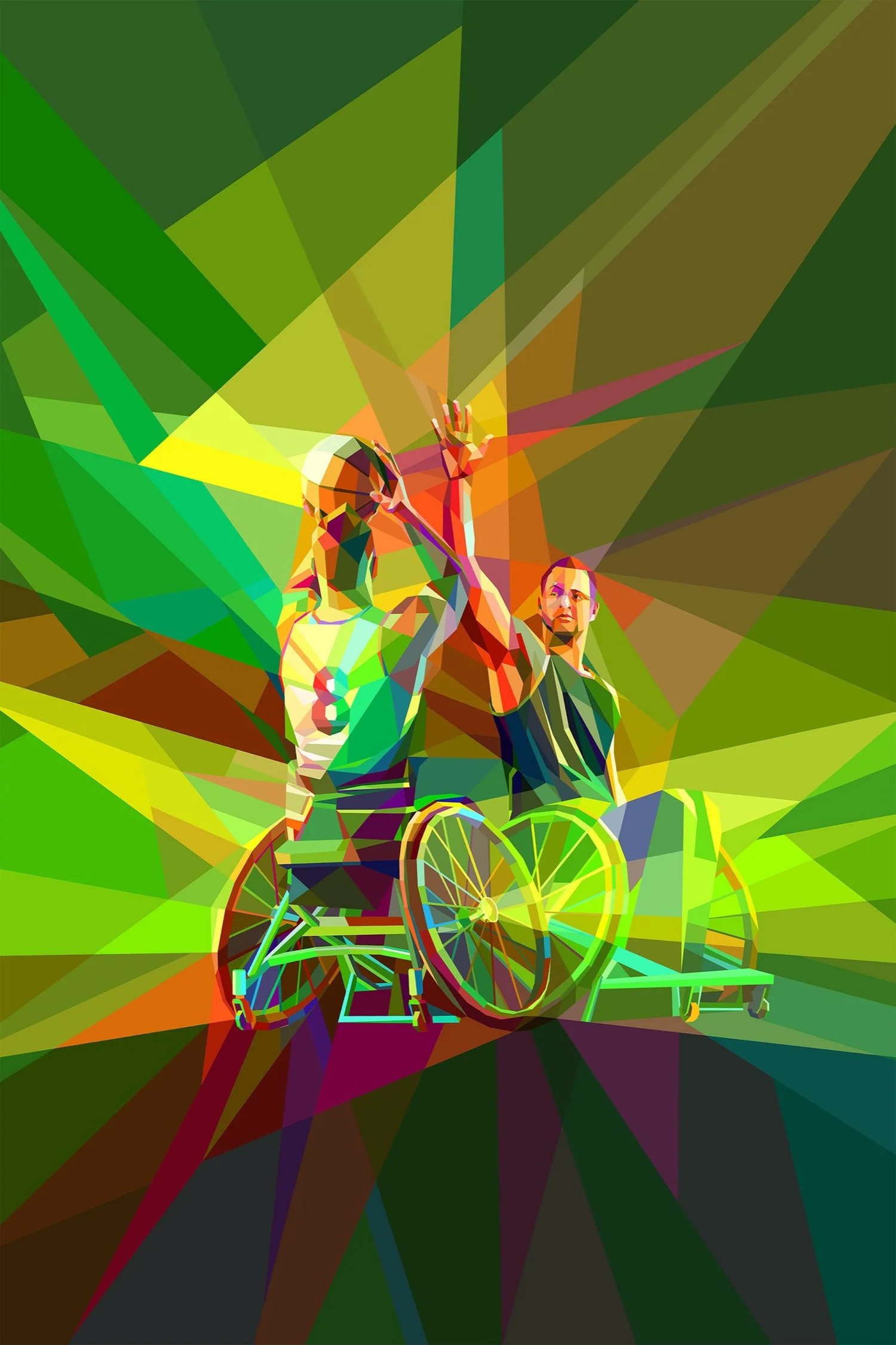 A vibrant geometric illustration of two wheelchair basketball players in action, set against a dynamic background of colorful triangles.