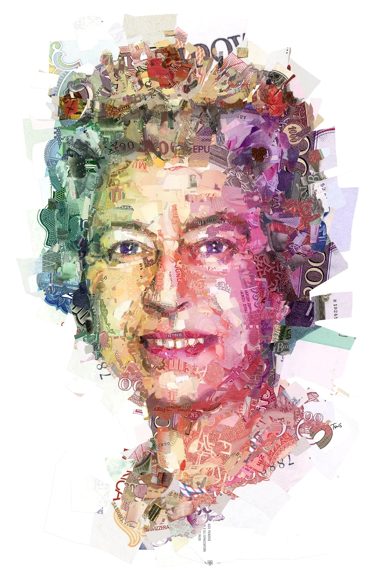 A regal collage portrait of Queen Elizabeth II, money collage illustration