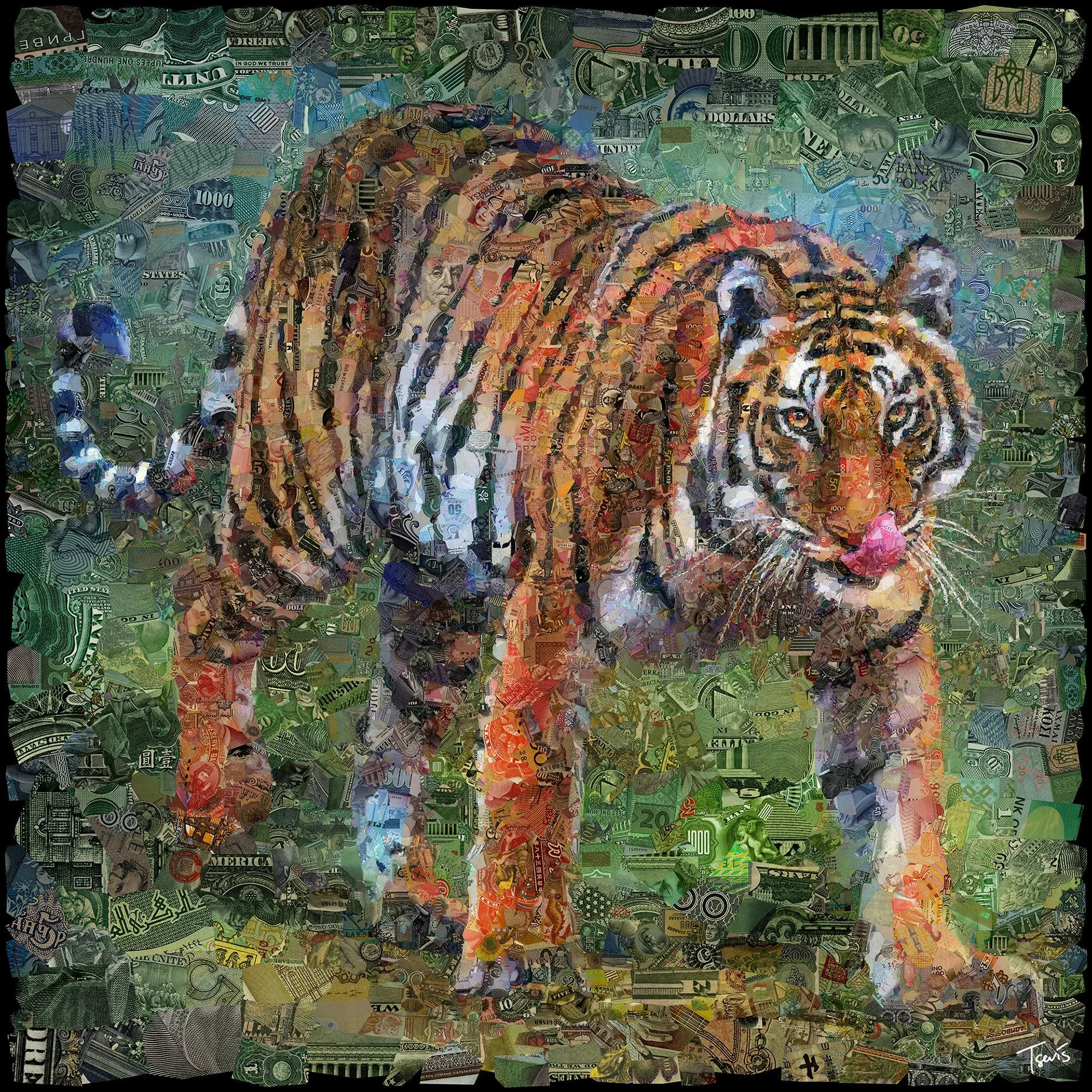 Tiger mosaic from orange and brown banknotes