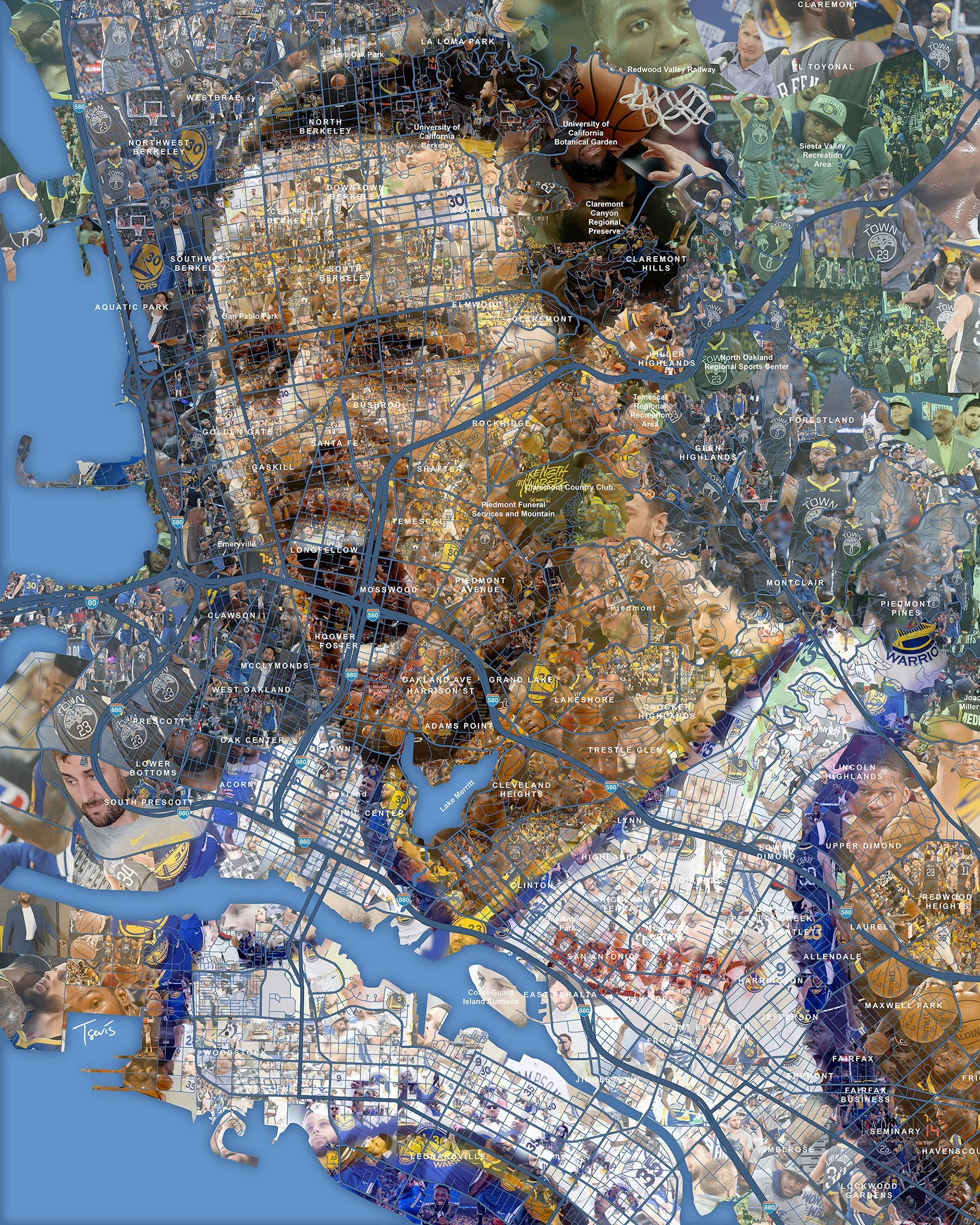 Stephen Curry mosaic from Oakland city map – street grids and landmarks forming the Warriors star's face. NBA Finals 2019.