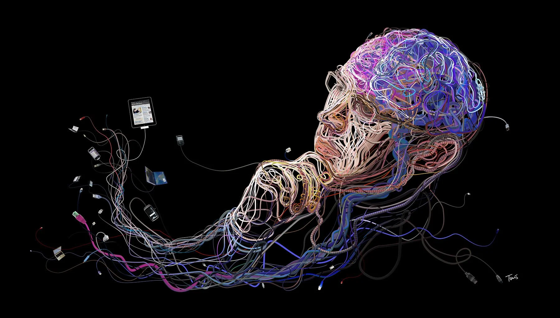 Internet and brain wire illustration – cables connecting to neural clusters. Clay Shirky WSJ article.