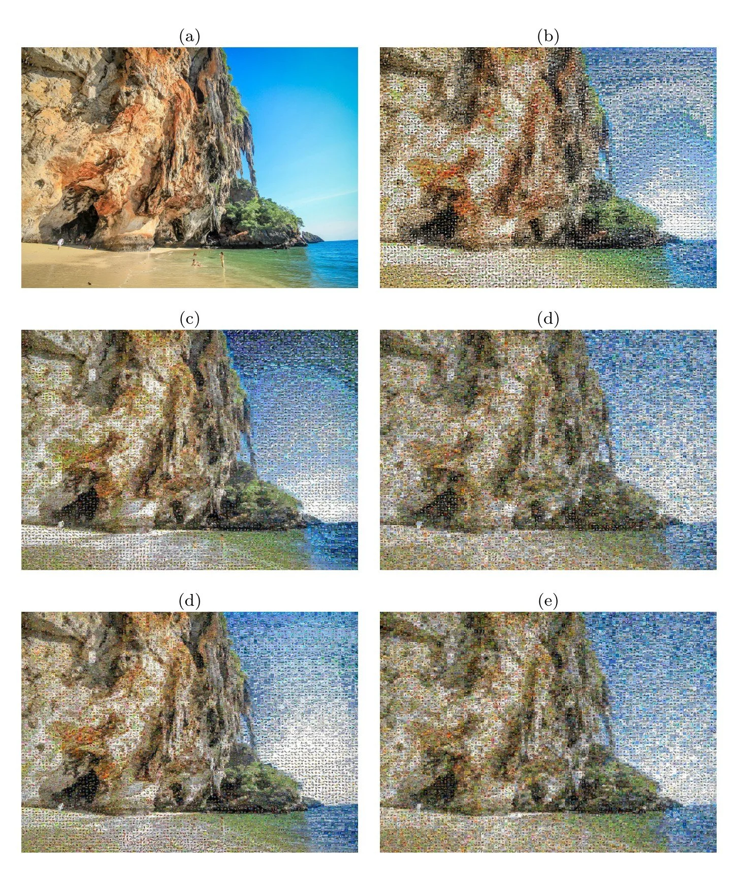 Six versions of a rocky beach cliff, the original and five mosaics