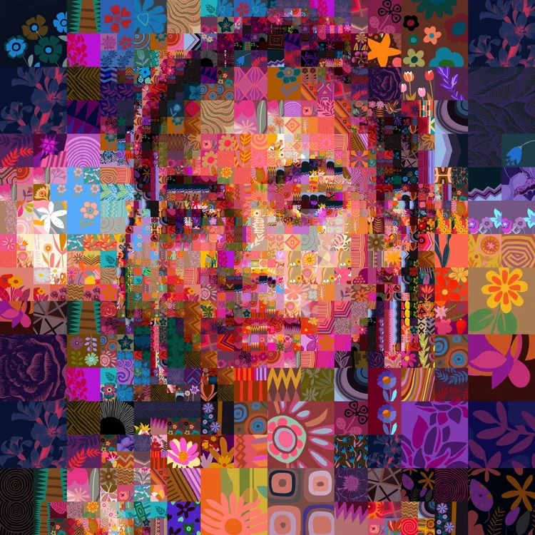 Mosaic portrait of a woman built from illustrated tiles by the Mozaix Gestalt Mono matcher