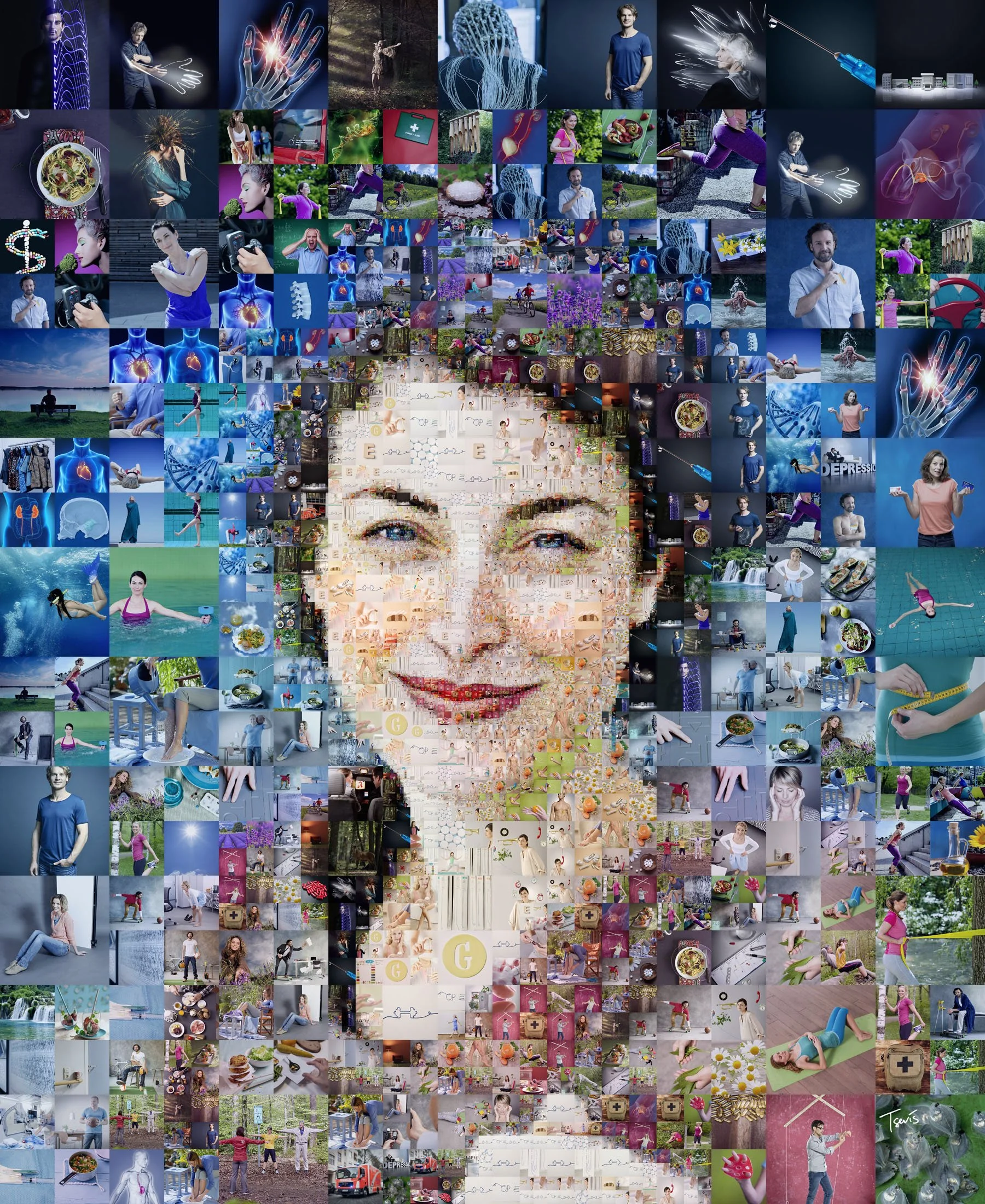 Digital medicine mosaic – pills, stethoscopes, and health apps as tesserae.