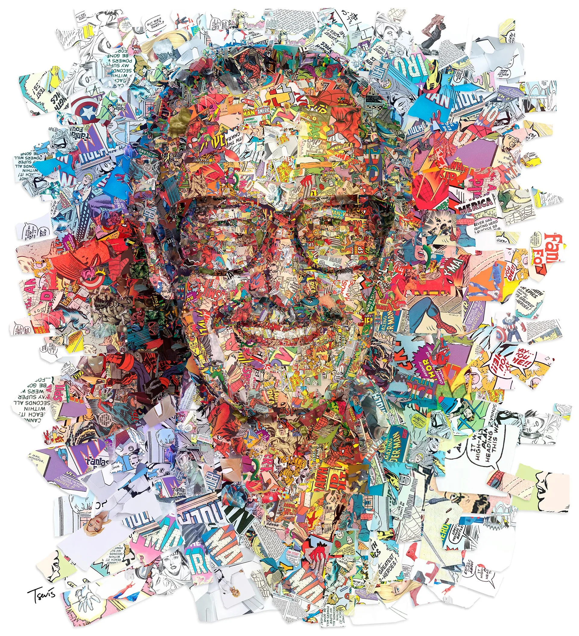 Stan Lee mosaic from comic book fragments. Spider-Man and Avengers panels as tiny tiles.