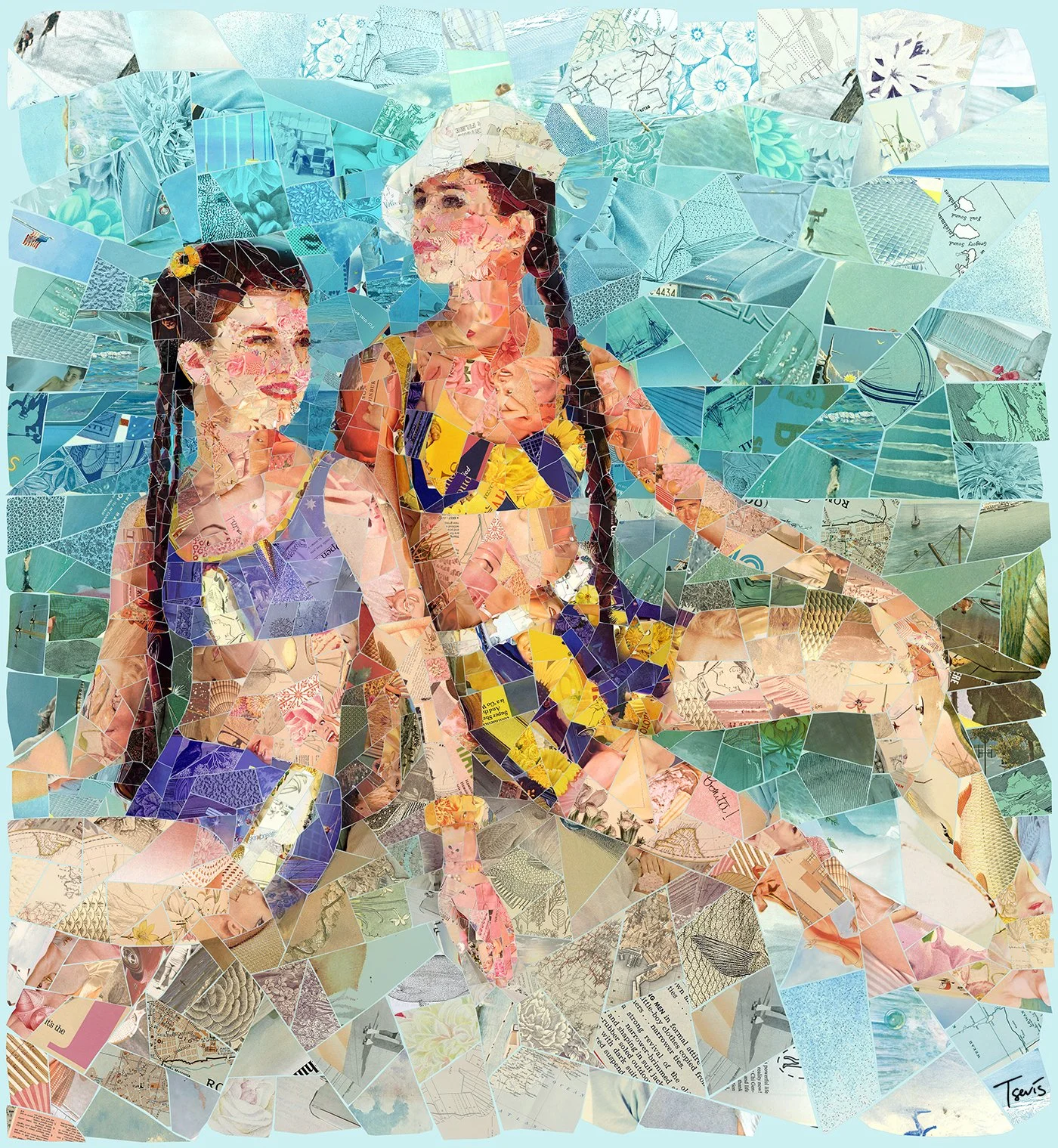 On the Aphrodite’s rock - Retro Swim Sisters Art Print | Mediterranean Mosaic of Two Women by the Sea
