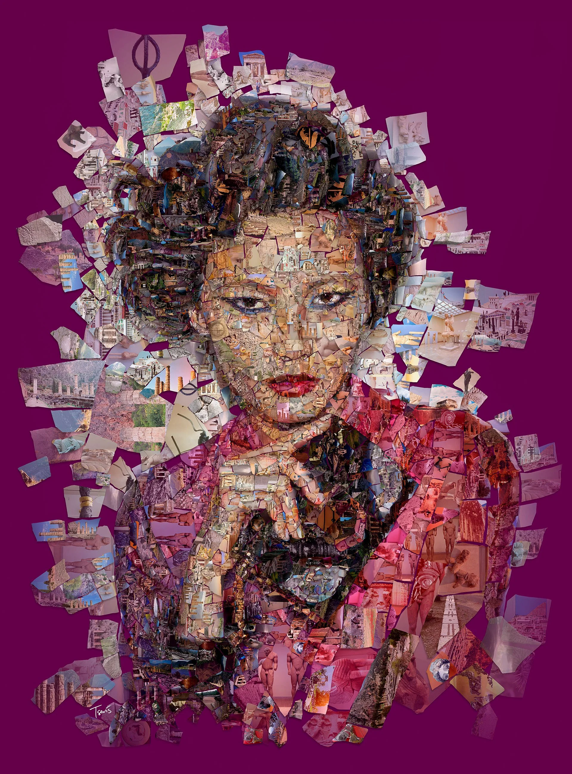 Chinese model mosaic from Delphi ruins – ancient Greek temple photos forming her portrait. Magazine cover