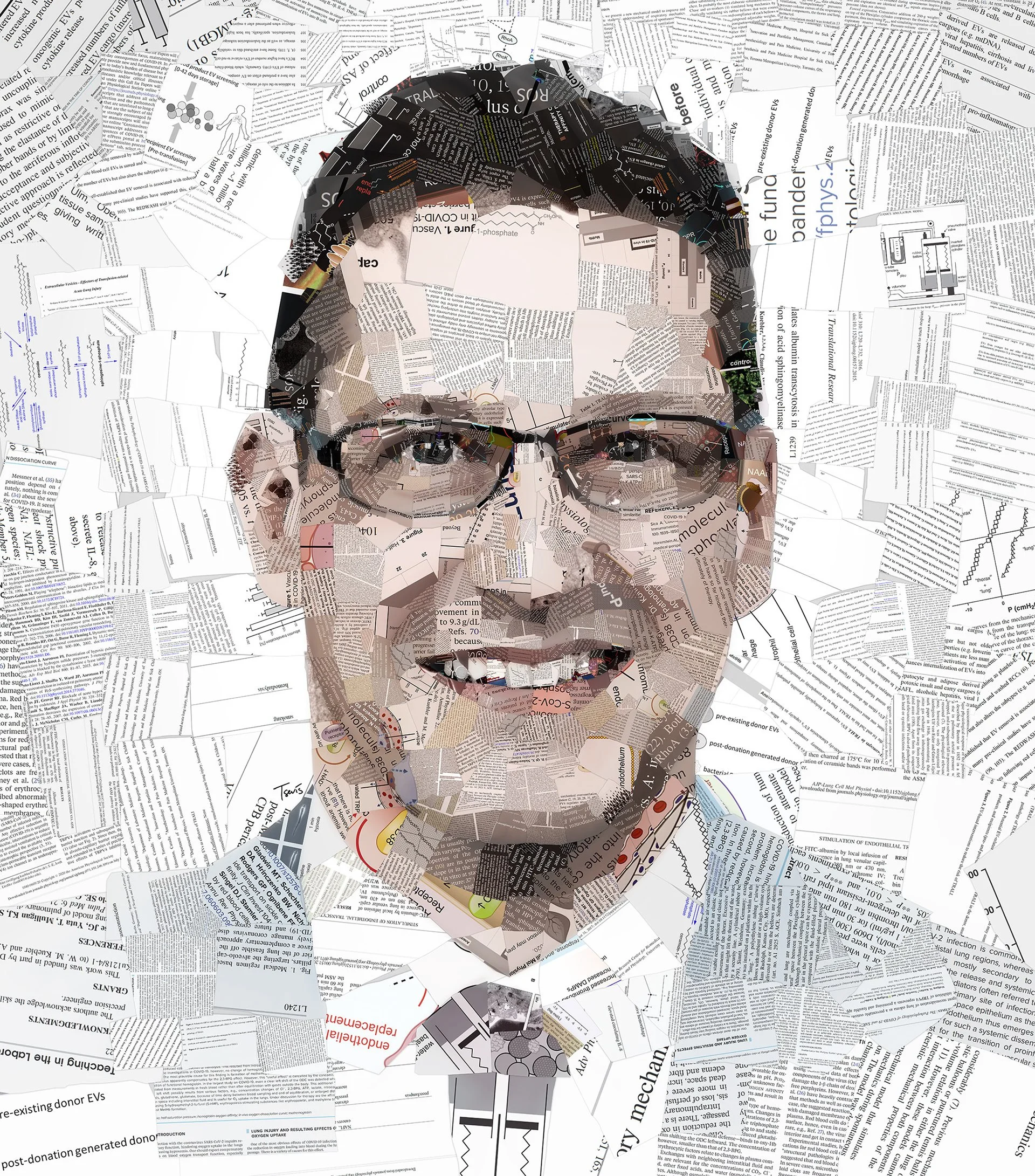 Wolfgang Kuebler's portrait was made from scientific paper clippings and scholarly text. TMosaic illustration for the American Physiological Society’s The Physiologist, symbolizing complexities of academic publishing and Kuebler’s leadership.