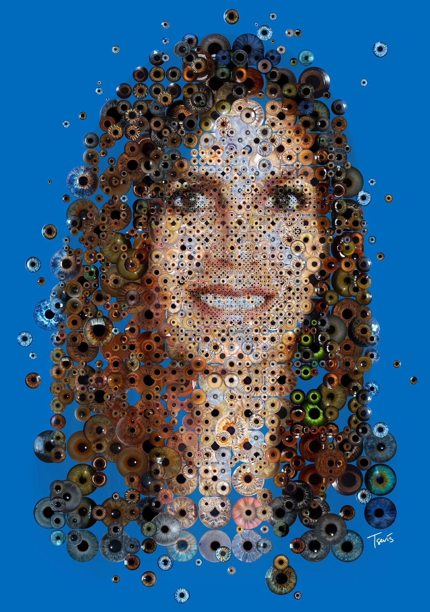 Digital mosaic portrait of the artist’s sister, Irini, featuring oversized and variably sized eyebrows as a central design motif. The exaggerated elements disrupt visual harmony to challenge the viewer’s perception, ultimately emphasizing her composed and radiant presence.
