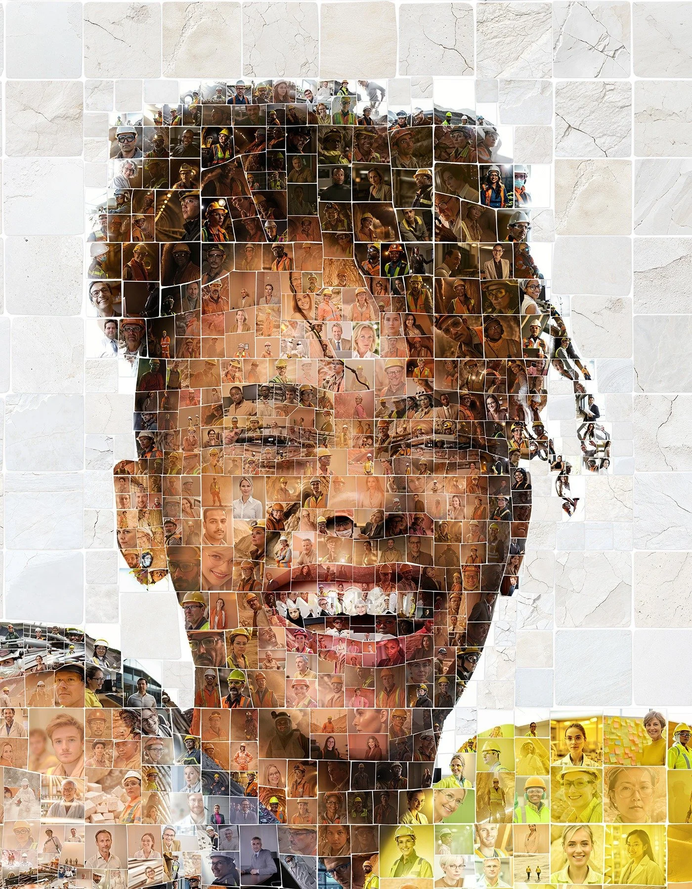 Mosaic portrait of a laughing young woman with curly hair