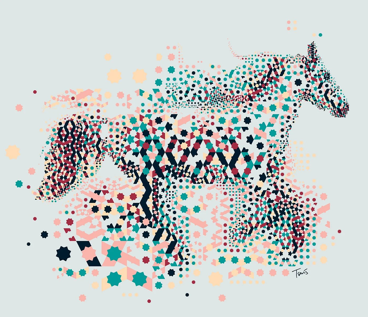 digital mosaic based on arabesque patterns showing a running horse