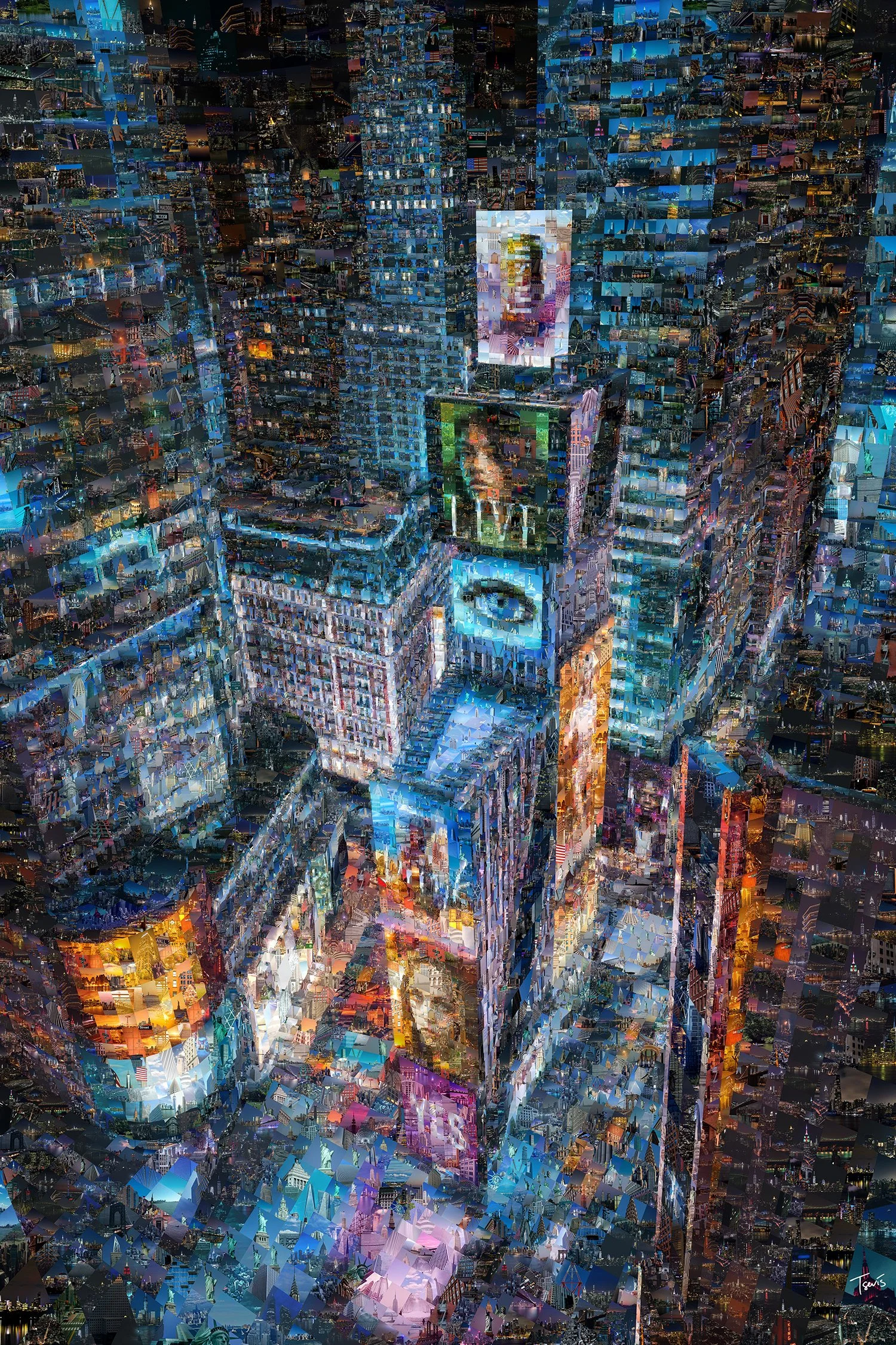 New York Times Square at night, contemporary art in collage style