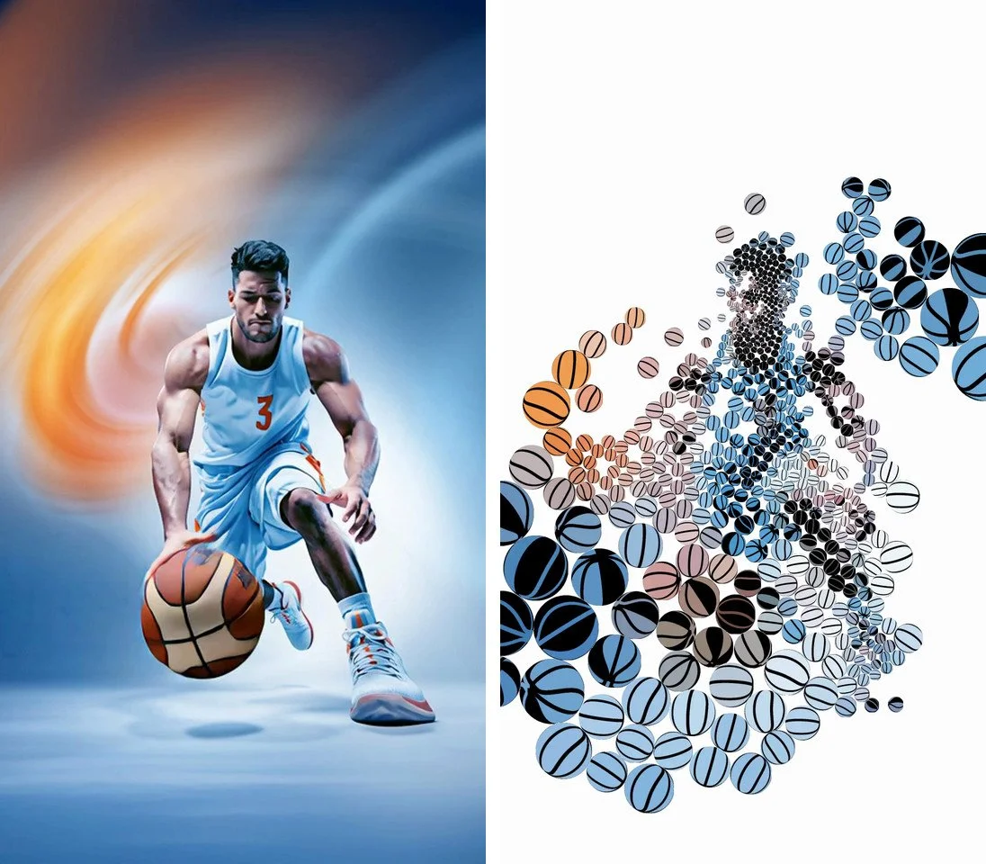 Left, a basketball player in a light blue jersey with the number 3 dribbling against an orange and blue swirl. Right, the same moment as a colour mosaic of basketball tiles on white.