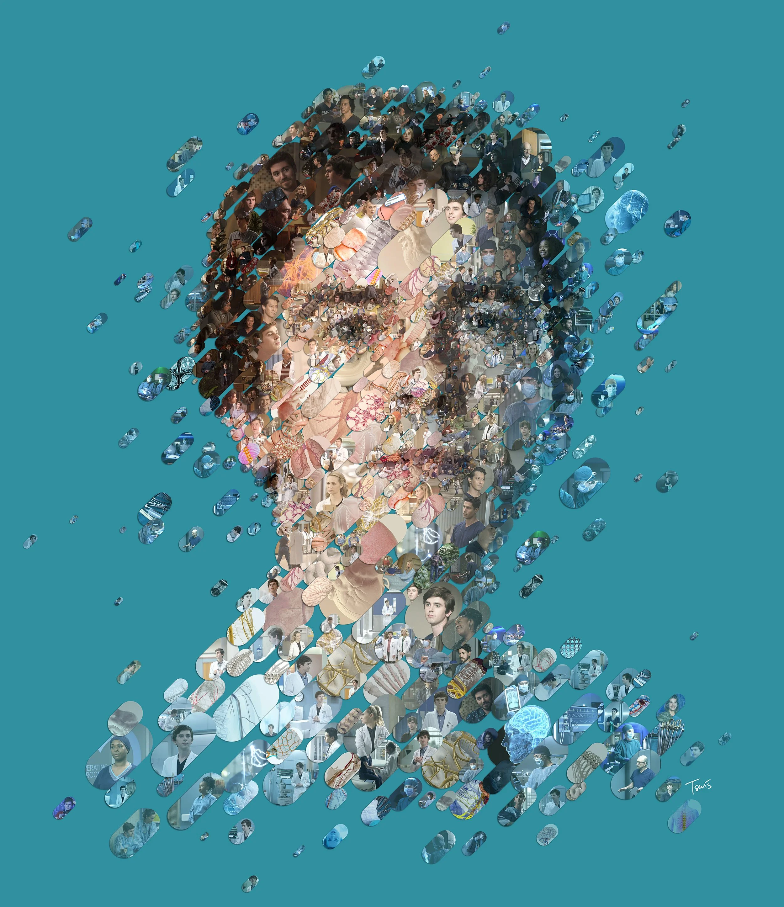 Mosaic style artwork featuring Dr. Shaun Murphy's portrait from The Good Doctor, movie poster illustration