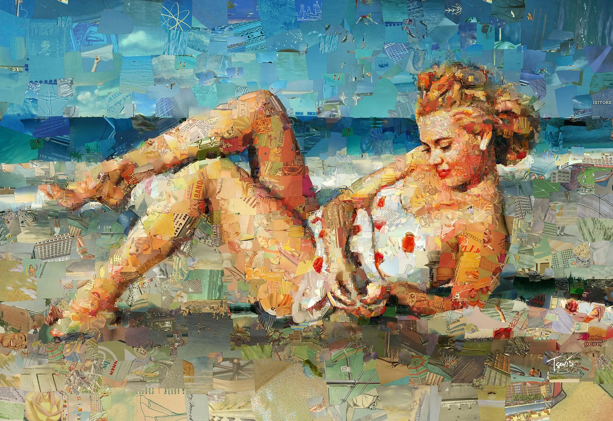 Will you love me tomorrow? - Retro Beach Girl in White Swimsuit Mosaic Print | Pin-Up Nostalgia Wall Art