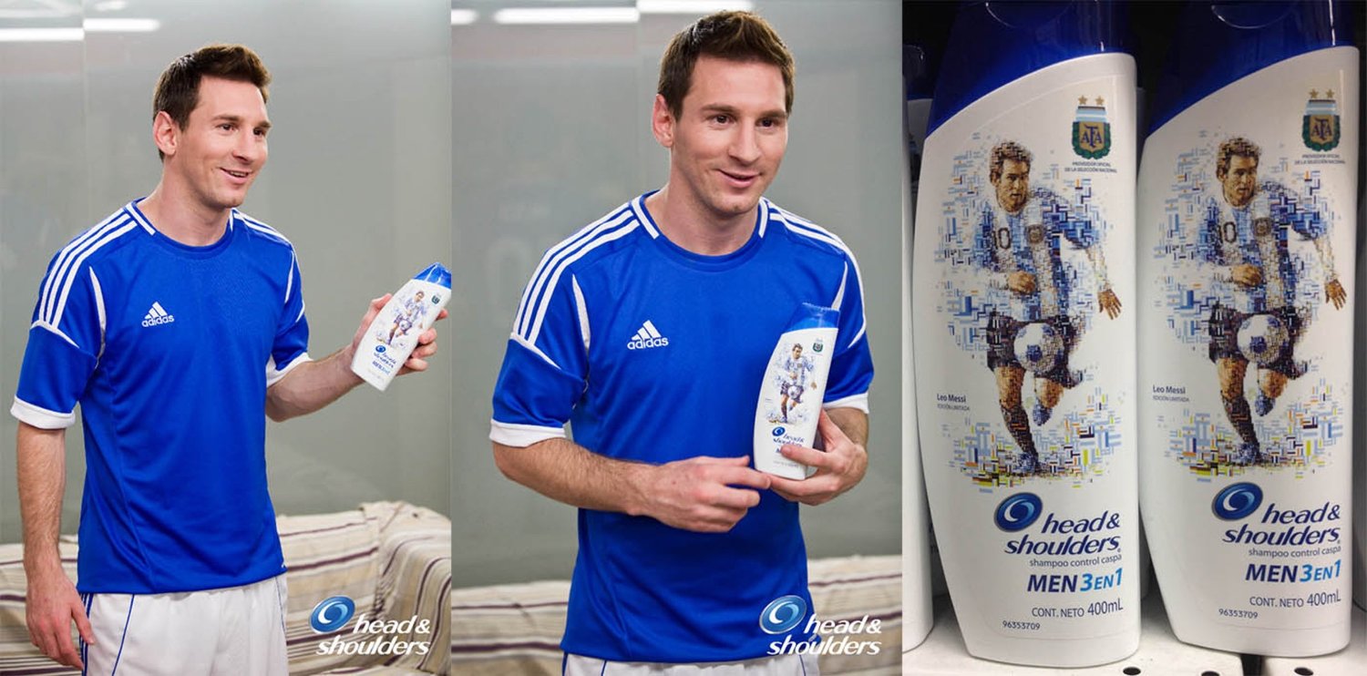 Lionel Messi, wearing an Adidas jersey, showcases the Head & Shoulders Men 3-in-1 Shampoo featuring his iconic mosaic portrait on the packaging.