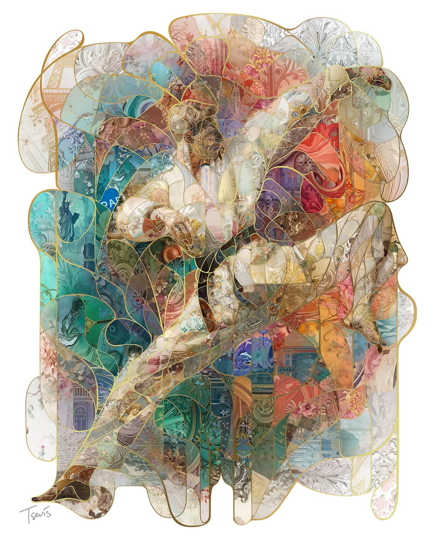 Karate man mosaic. Charis Tsevis Baroque drama and Art Deco structure in a digital mosaic. Tiles: French paintings and Parisian street fragments.