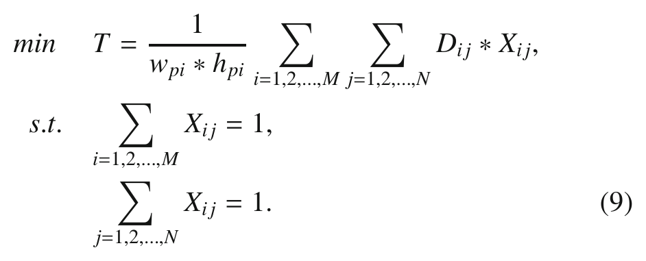 Equation: minimise T, a normalised double sum of distances D times matching variables X, subject to row and column sums equal to one