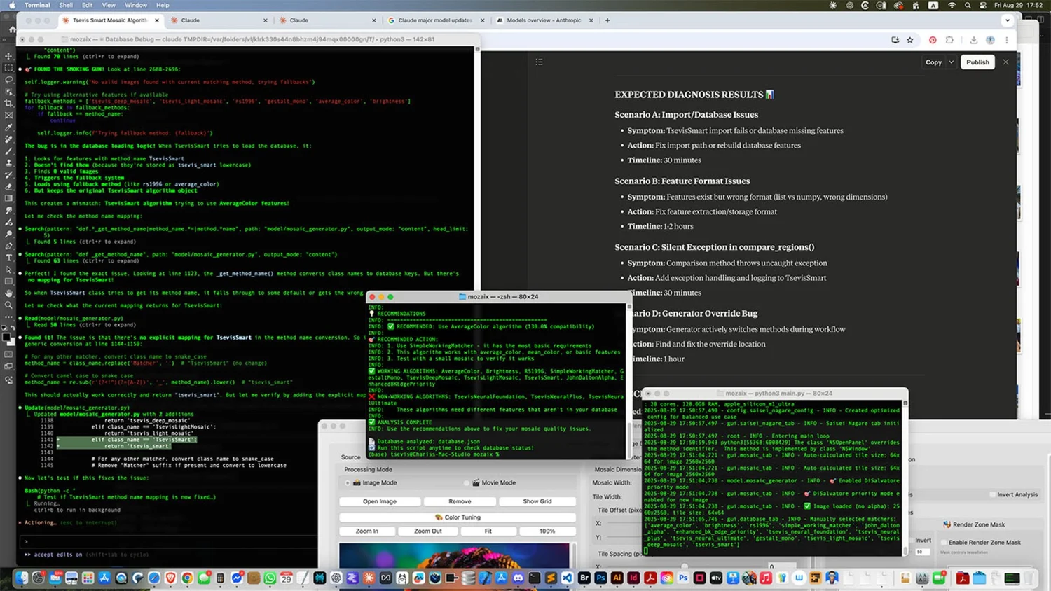 MacOS desktop showing a split-screen view of multiple terminal windows and a browser tab with ClaudeAI open. The terminal displays Python code related to a mosaic algorithm, while the Claude interface contains a detailed technical discussion on AI photographic mosaic matching algorithms, including mathematical cost functions and implementation strategies.
