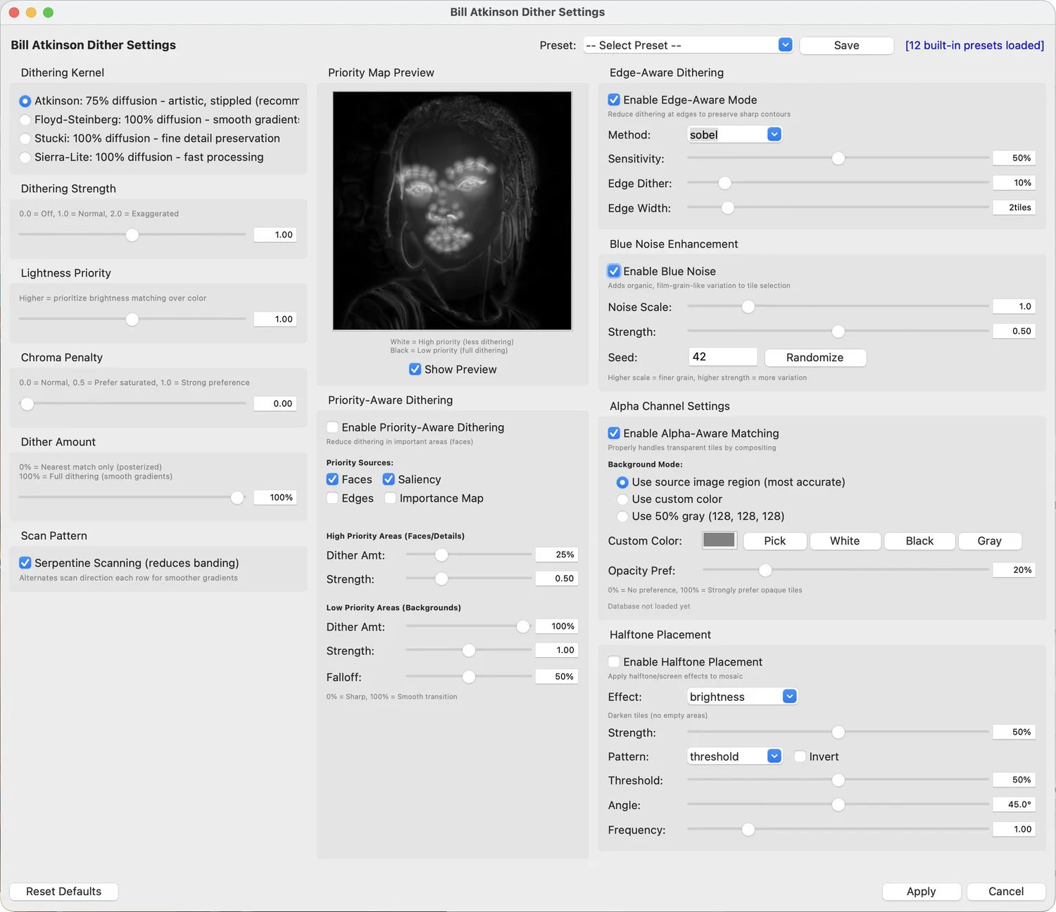 Settings window for priority-aware dithering, with a black and white priority map of a portrait at the centre and sliders for edge, blue-noise and alpha control on either side