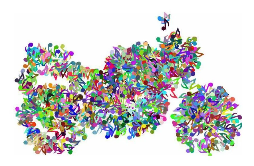 Motorcycle shape made of scattered colourful musical-note motifs on white