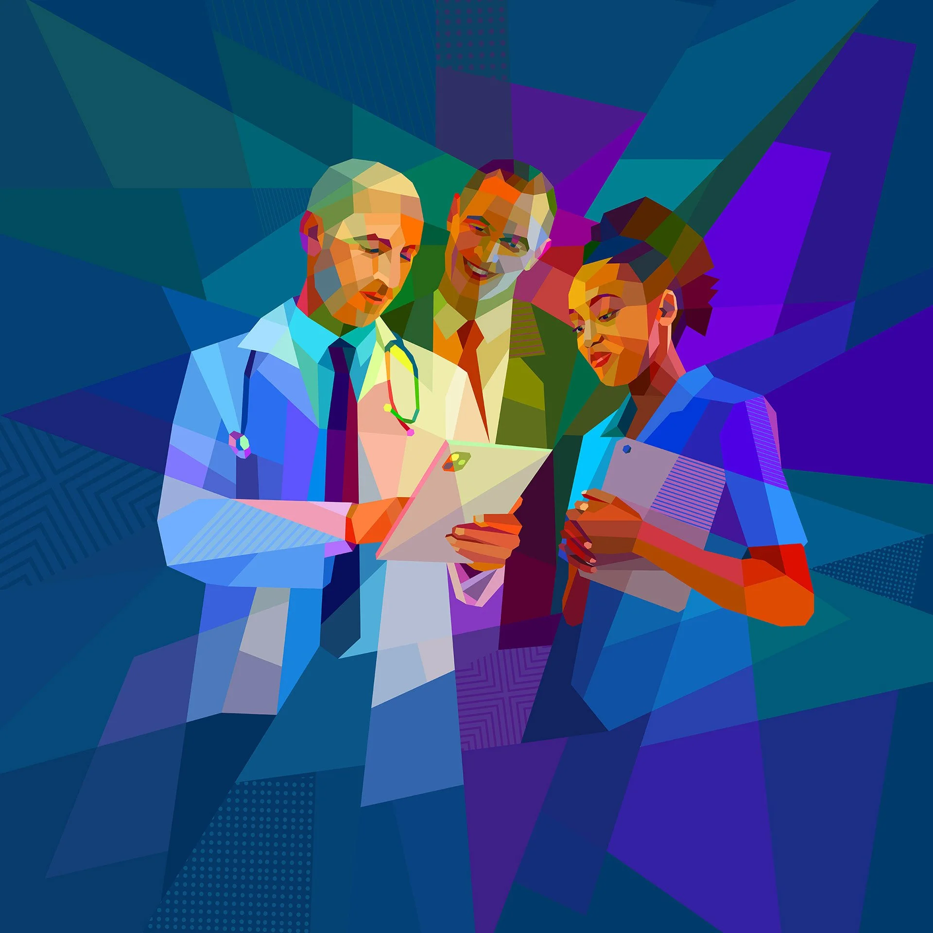 Doctor's learning colorful artwork, healthcare advertising partnerships