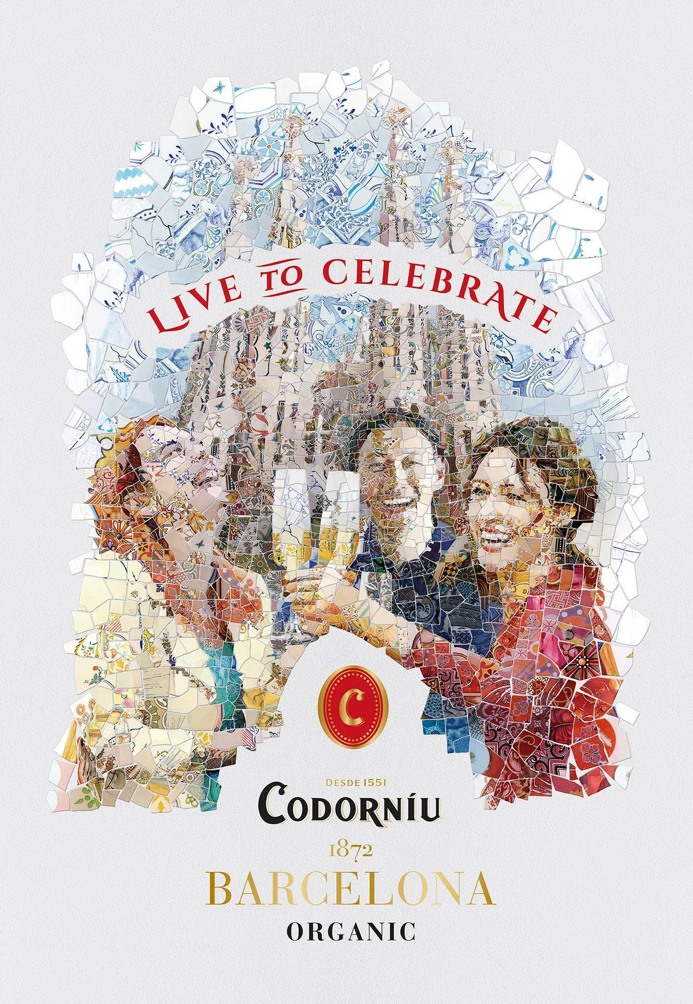 Trencadís inspired digital mosaic illustration with people celebrating