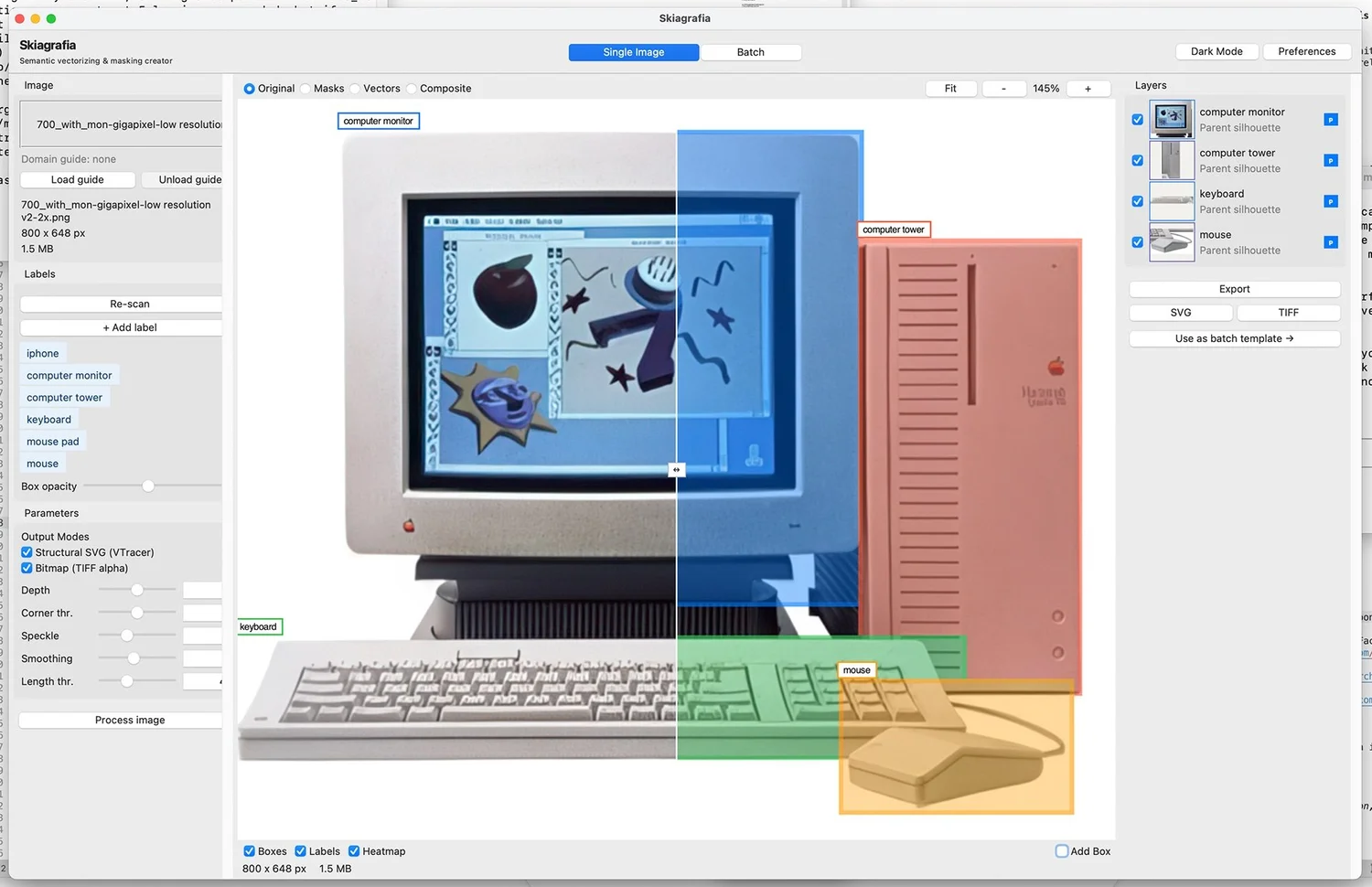 Skiagrafia locating four objects in a photograph of a vintage Macintosh computer