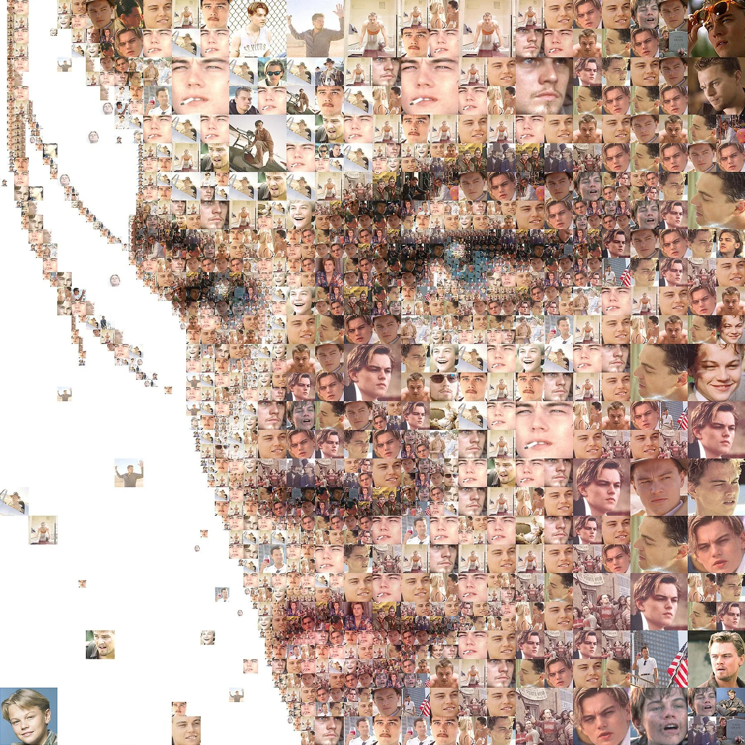 Close-up of the DiCaprio photo mosaic: his eye and cheek built from small film stills