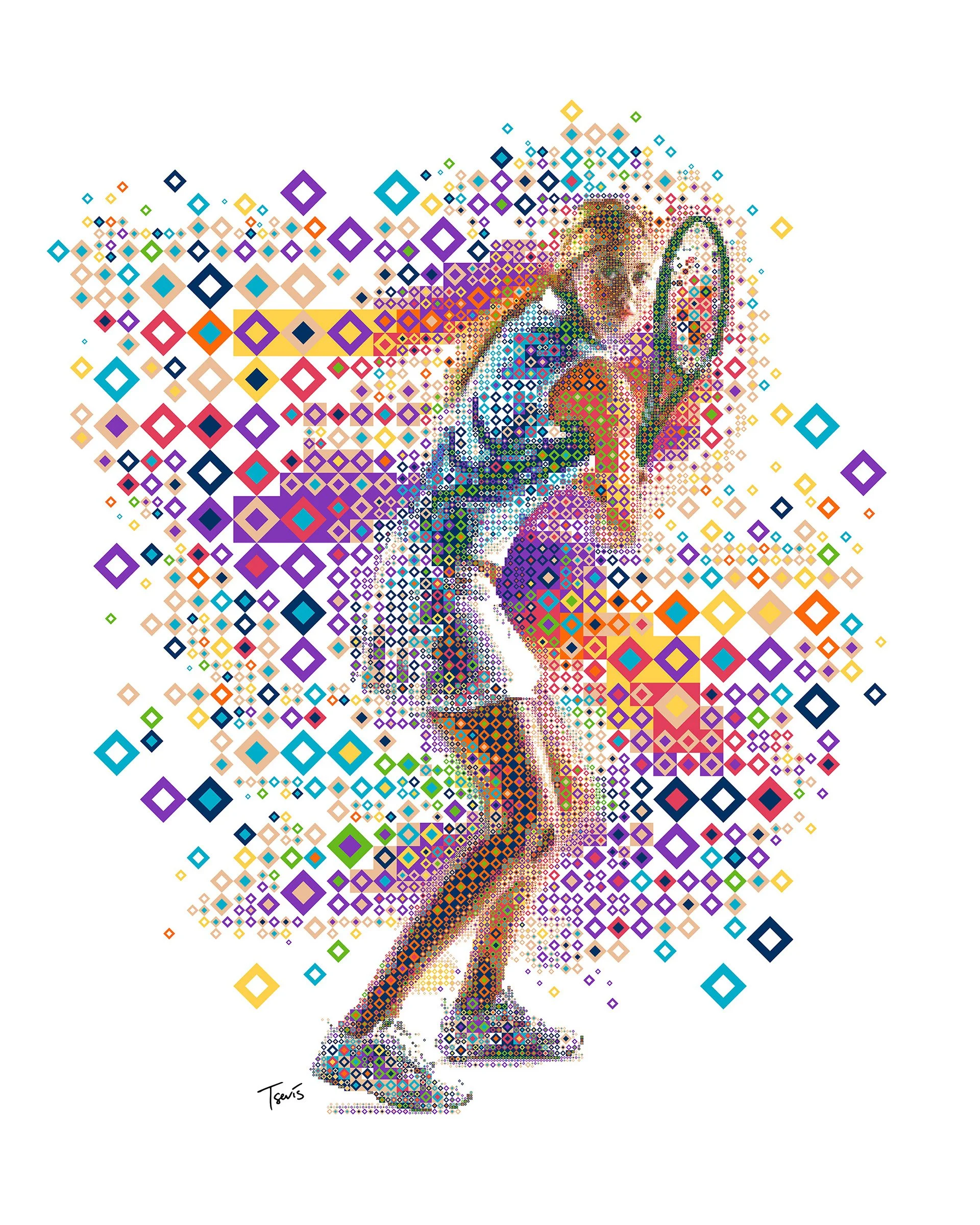 Woman Tennis player digital mosaic, sport illustration