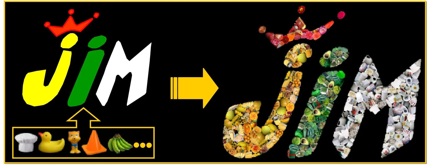 Colourful letters JIM filled with cut-out images of food and objects