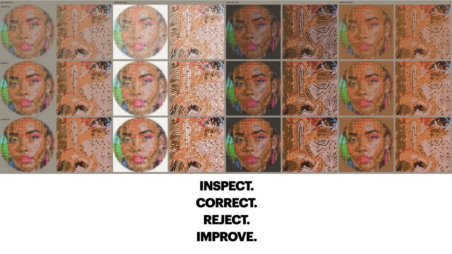 A grid of small mosaic variations of the same woman's portrait in different tile styles and tones, with the words “Inspect. Correct. Reject. Improve.” below.