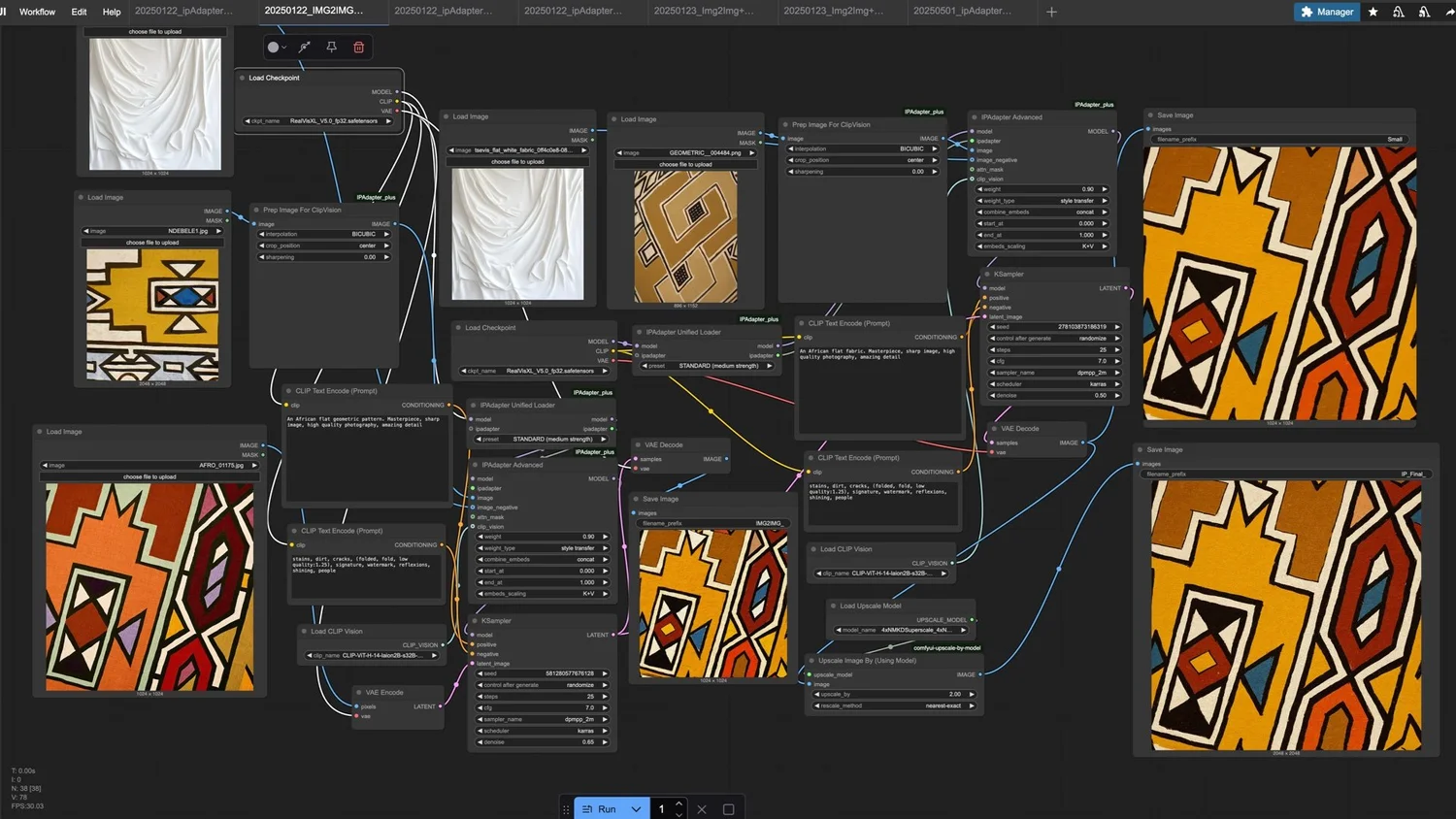 Screenshot of a node-based ComfyUI workflow for AI image generation