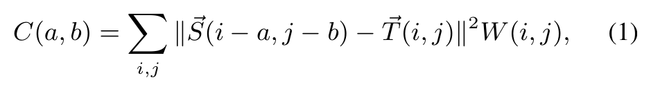 Equation: cost C(a, b) as a masked sum of squared colour distances