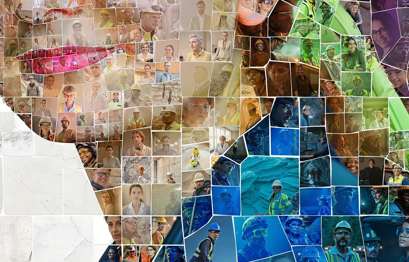 Close-up detail of a Lhoist photomosaic portrait showing the employee photos used as tiles