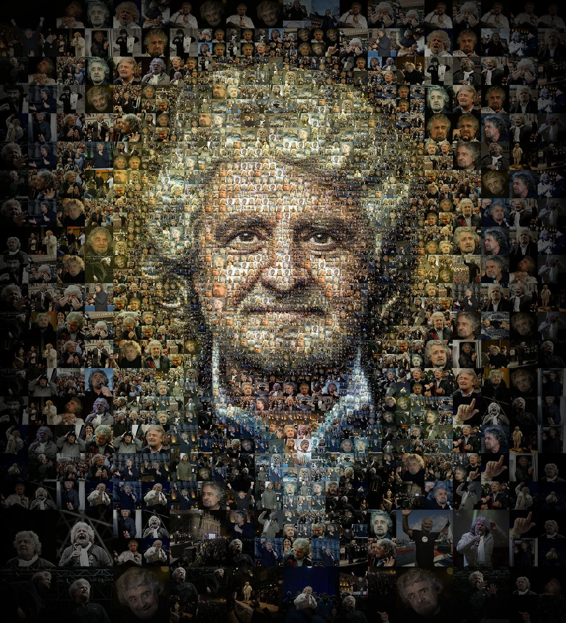 Beppe Grillo mosaic – Italian politician from campaign rally photos.