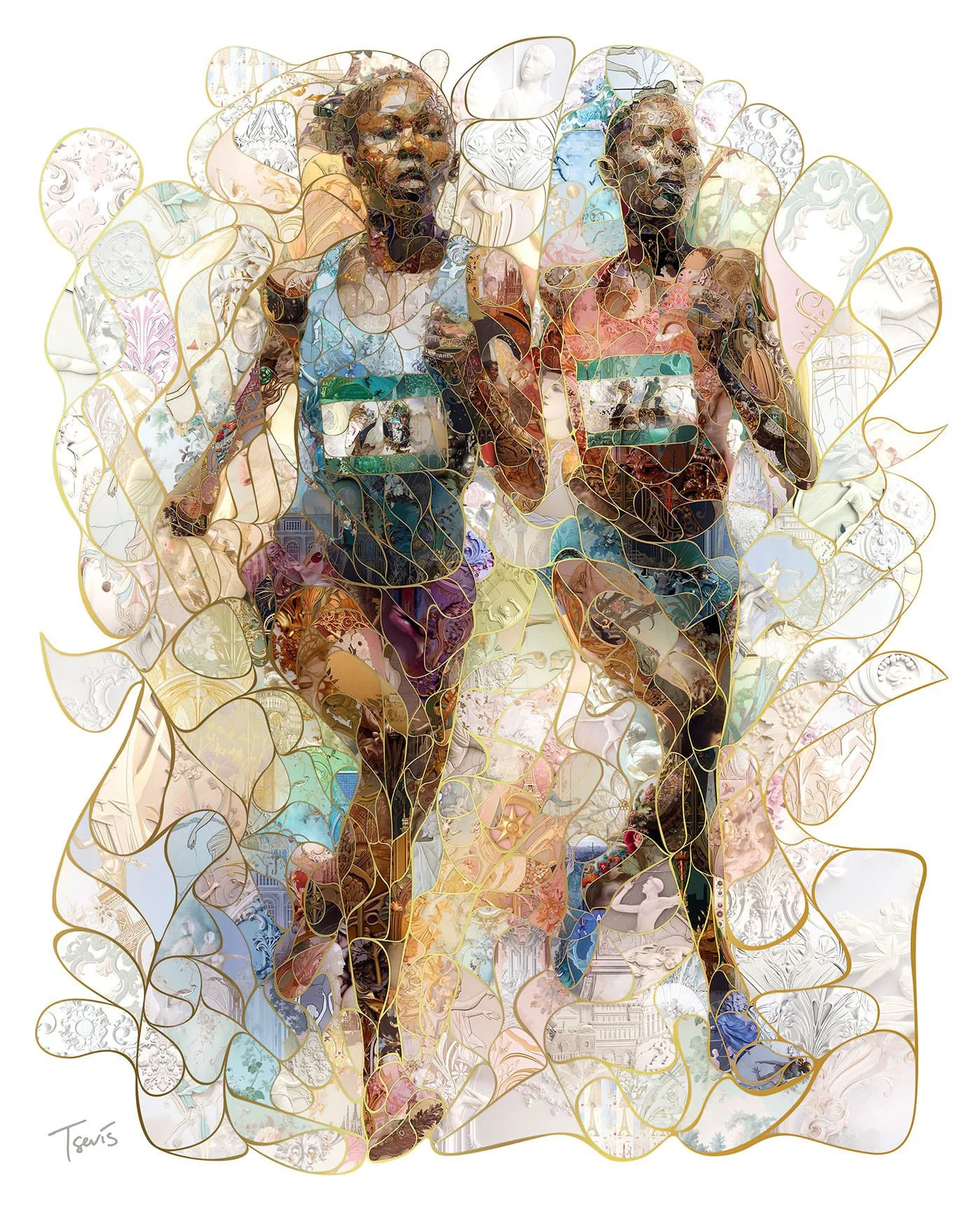 A digital mosaic artwork by Charis Tsevis, depicting two athletes in motion. The piece uses a complex arrangement of tiles to convey the energy and identity of the runners.